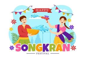 gelukkig songkran festival dag illustratie met spelen water geweer in Thailand viering in vlak tekenfilm hand- getrokken voor landen bladzijde Sjablonen vector