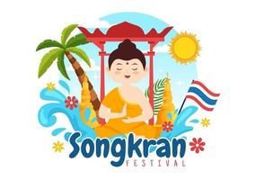 gelukkig songkran festival dag illustratie met spelen water geweer in Thailand viering in vlak tekenfilm hand- getrokken voor landen bladzijde Sjablonen vector