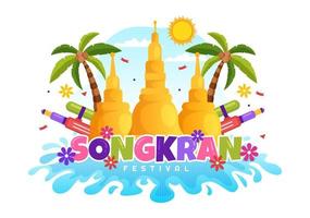 gelukkig songkran festival dag illustratie met spelen water geweer in Thailand viering in vlak tekenfilm hand- getrokken voor landen bladzijde Sjablonen vector