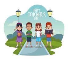gelukkige lerarendagkaart met studenten in de straat vector