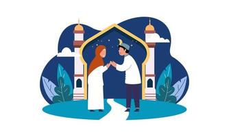 gelukkig eid mubarak, ramadan mubarak-groetconcept met illustratie van het mensenkarakter vector