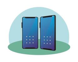 geïsoleerde twee 3D-smartphones met blauw behang vector ontwerp