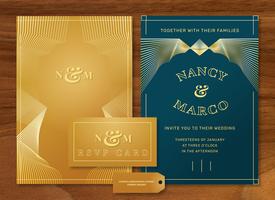 Gouden luxe Art Deco bruiloft uitnodiging Vector sjabloon Pack