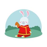konijnbeeldverhaal met traditionele kleding en mooncake vectorontwerp vector