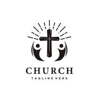 kerk christen kruis, zonnestraal en mensen logo ontwerp icoon vector