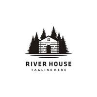 rivier- hout huis en pijnboom boom wijnoogst logo vector illustratie