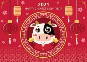 gelukkig chinees nieuwjaar wenskaart. 2021 os dierenriem. schattige koe en goudgeld. dier vakantie stripfiguur. vector