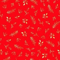 helder naadloos patroon met goud bloemen, bessen en bladeren Aan een rood achtergrond vector