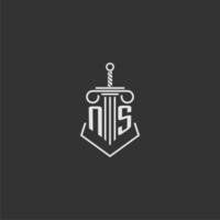 NS eerste monogram wet firma met zwaard en pijler logo ontwerp vector