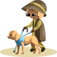 vector afbeelding van een blinde grootmoeder met een geleidehond aangelijnd. cartoon stijl.