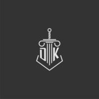 dk eerste monogram wet firma met zwaard en pijler logo ontwerp vector