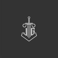 jg eerste monogram wet firma met zwaard en pijler logo ontwerp vector