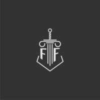 ff eerste monogram wet firma met zwaard en pijler logo ontwerp vector