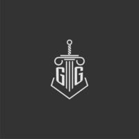 gg eerste monogram wet firma met zwaard en pijler logo ontwerp vector