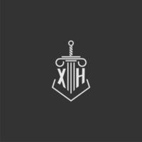 xh eerste monogram wet firma met zwaard en pijler logo ontwerp vector