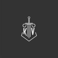 kv eerste monogram wet firma met zwaard en pijler logo ontwerp vector