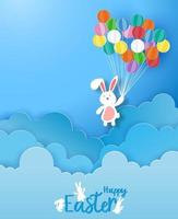 gelukkige pasen-vector met konijntje en ballon die in de wolken drijven vector