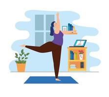 jonge vrouw beoefenen van yoga in de woonkamer vector