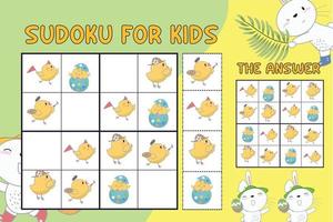 sudoku vel voor kinderen. onderwijs werkblad voor kinderen. afdrukbare puzzel spel voor peuter. schattig en grappig tekenfilm karakters. vector illustratie.