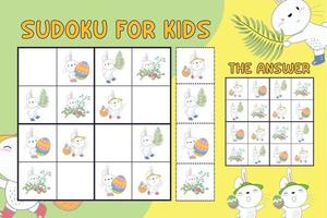 sudoku vel voor kinderen. onderwijs werkblad voor kinderen. afdrukbare puzzel spel voor peuter. schattig en grappig tekenfilm karakters. vector illustratie.