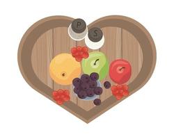 specerijen en gezond voedsel op houten keukenbord met hartvorm vector