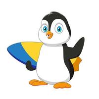 schattig tekenfilm pinguïn draag- een surfboard vector