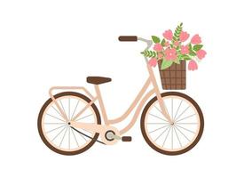 schattig Dames fiets met mand van voorjaar bloemen. Dames stad retro fiets. zomer reis, wielersport. bloemen wijnoogst reis concept. boeket tulpen. romantiek. vlak vector illustratie Aan wit achtergrond