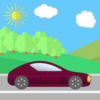 donker rood sport auto Aan een weg Aan een zonnig dag. zomer reizen illustratie. auto over- landschap. vector