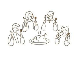 gelukkig familiediner met gebraden kalkoen, thanksgiving concept, handgetekende stijl vectorillustratie. vector