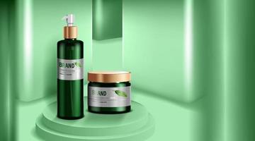 cosmetica of huidverzorgingsproducten. groene fles mockup en groene muur achtergrond. vector illustratie.