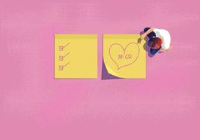 jonge man gebruikt een notitie papier Valentijnsdag concept, kennisgeving, liefdesplan, een checklist om deze romantische en schattige roze toon te doen ziet er goed uit om liefde te zeggen vector platte ontwerp illustratie