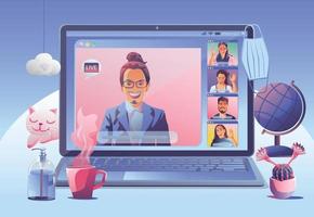 landing van videoconferentie. mensen op computerscherm nemen met collega's. videoconferenties en online vergadering werkruimte vector pagina man en vrouw. self-quarantine om covid -19 vector te voorkomen