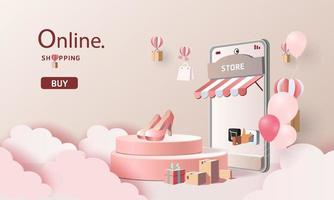 papierkunst online winkelen op smartphone en nieuwe koopverkooppromotie roze achtergrondgeluid voor e-commerce op de bannermarkt. vector