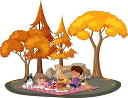 kinderen picknicken in het park met veel herfstbomen vector