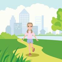 schattig meisje wandelen Aan de straat van voorkant visie, kind zomer buitenshuis werkzaamheid tekenfilm vector illustratie
