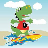 grappig dinosaurus spelen surfboard in de strand, vector tekenfilm illustratie