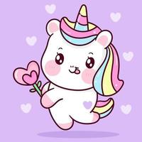 schattige eenhoorn vector hart bloem houden. pony cartoon kawaii dierlijke achtergrond voor Valentijnsdag geschenk