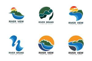 rivier- logo ontwerp, rivier- kreek vector, rivieroever illustratie met een combinatie van bergen en natuur, Product merk vector