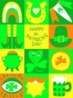 st Patrick dag groet kaart. helder trippy stijl. pret Iers vakantie viering. Super goed voor poster, uitnodiging, afdrukken, t-shirts, achtergrond, feestelijk decor. modieus y2k retro hippie afdrukken. vlak vector