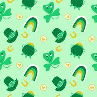 st Patrick dag naadloos tekening patroon. viering van Iers vakantie, elf van Ierse folklore Klaver, goud hoefijzer, regenboog enz. achtergrond voor inpakken, textiel, kleding. modieus y2k retro hippie afdrukken. vector