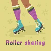 rol het schaatsen. jong vrouw of tiener skates Aan rol schaatsen. oud school- hand- getrokken ontwerp. modieus poster in jaren 90, jaren 80, jaren 70 stijl. vrijheid, levensstijl, hobby concept. vector vlak illustratie