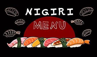 Japans broodjes verzameling, nigiri sushi verscheidenheid. Zalm, tonijn, garnaal, aal, Octopus toppings. vector
