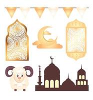 eid al adha mubarak decoratie icoon collectie vector