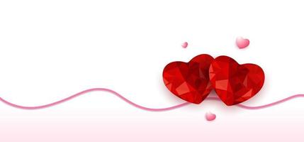 happy Valentijnsdag origami rood hart lage veelhoek ontwerp met schaduw en golvende lijn op witte achtergrond vector