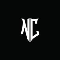 Nc monogram brief logo lint met schild stijl geïsoleerd op zwarte achtergrond vector