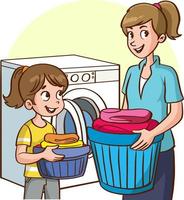moeder en dochter het wassen kleren in de het wassen machine tekenfilm vector
