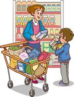 boodschappen doen kinderen en familie tekenfilm vector illustratie