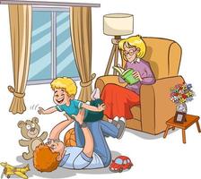 familie illustratie.vrouw lezing boek en vader en zoon spelen spellen tekenfilm vector