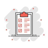 checklist klembord teken icoon in grappig stijl. document lijst vector tekenfilm illustratie Aan wit geïsoleerd achtergrond. vragenlijst kladblok bedrijf concept plons effect.