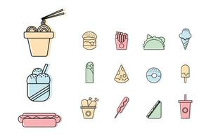pictogrammen vlak reeks van snel voedsel elk kleur van elk icoon geïsoleerd Aan wit achtergrond. vector
